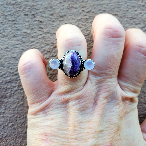 New Charoite & Chalcedony Silver Ring. - Picture 12 of 12